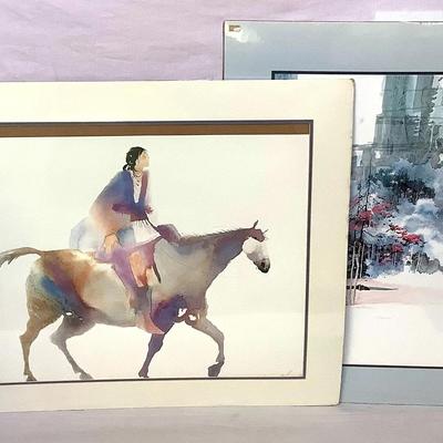 Lot of 2 Watercolor Poster Prints – Native American Horse Rider & “Waterfall II” (Michael Atkinson) 