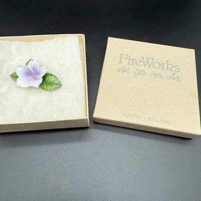 Vintage Roman Porcelain Flower Brooch – Lavender Blossom Pin with Original FireWorks Box