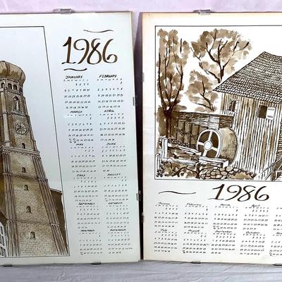 Pair of 1986 Signed Architectural Art Prints – Framed Tower & Water Mill Scenes