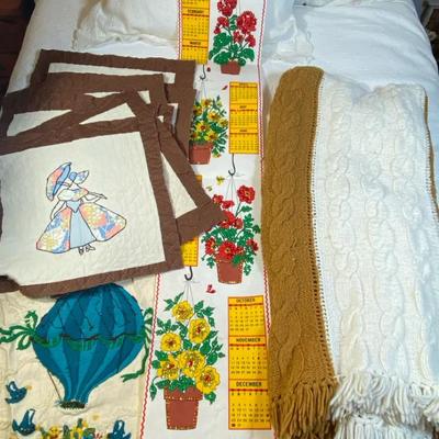 Lot of Handmade Textiles – Yarn Art Hot Air Balloon Panel, Appliqué Quilt Blocks, 1979 Calendar, Cab