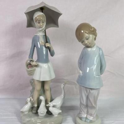 Lladro Porcelain Figurines Pair – Girl with Umbrella & Geese + Shy Boy in Blue (Made in Spain)