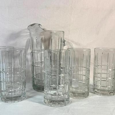 Anchor Hocking Heavy Glass Pitcher & 5 Tumbler Set – Grid Block Pattern – 11” Pitcher