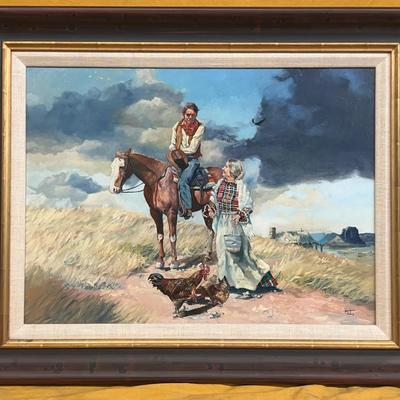 Original oil painting by W. Justus depicting a Western scene