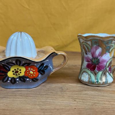 Royal Nippon hand-painted porcelain demitasse cup & hand-painted lusterware citrus juicer