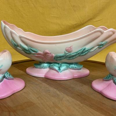 Vintage Hull Pottery Woodland console bowl and two candleholders.l