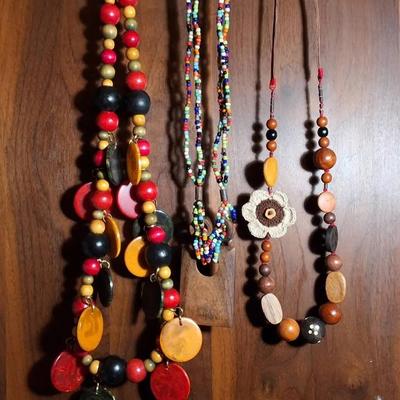 Lot of 3 Artisan Beaded & Wood Statement Necklaces
