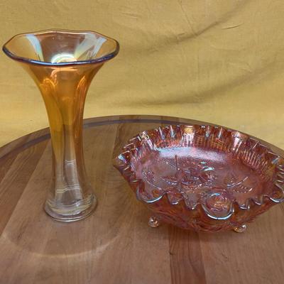 Amber iridescent carnival glass vase and footed floral bowl