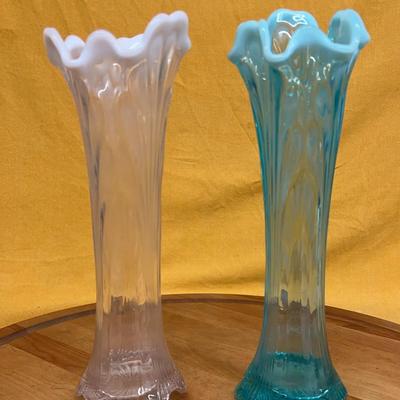 Pair of Northwood opalescent glass pulled feather vases