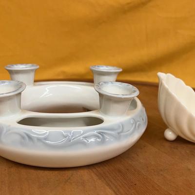 Goebel white porcelain ring vase with embossed pansy design and blue accents & Lenox Salt Cellar