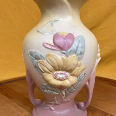 Vintage Hull Pottery Magnolia vase with double handles and floral relief