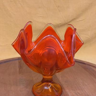Viking Glass Amberina orange ruffled pedestal compote dish