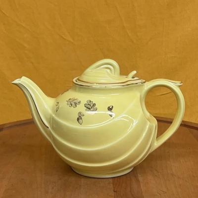 Vintage Hall China yellow ceramic Parade teapot with gilt decoration