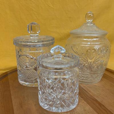 A fine Waterford crystal biscuit jar, a vintage pressed glass candy jar & Anchor Hocking candy jar