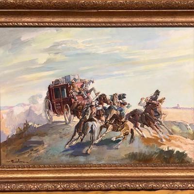 Robert Conley's "Crest Hold Up" depicts a dramatic Wild West stagecoach robbery