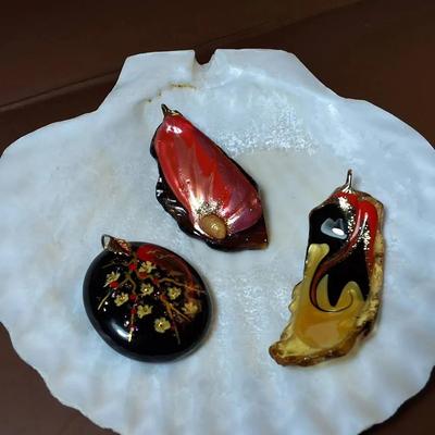 Set of Three Hand-Painted Kaliki Designs Beach-Glass Pendants.