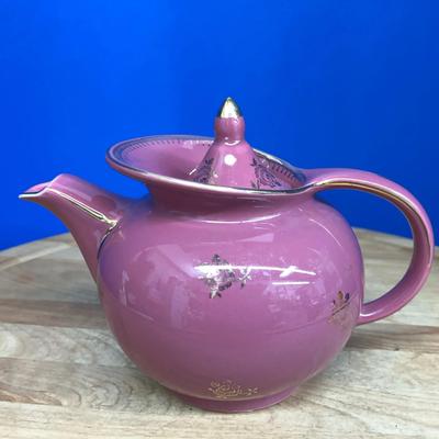 Vintage Hall China "Windshield" shape teapot with mauve glaze and gold floral accentse