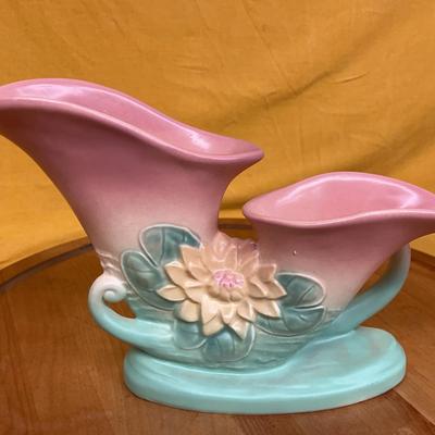 Hull Art Pottery double cornucopia vase with sculpted water lily motif