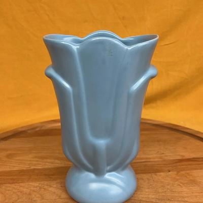Vintage matte blue Bauer pottery vase with a fluted rim