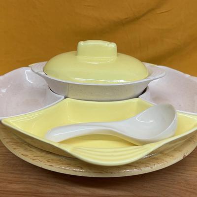 Vintage California pottery lazy Susan serving set with lidded dish