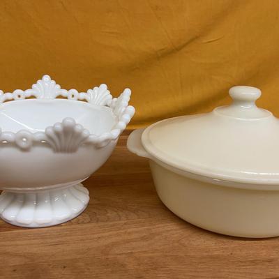 Westmoreland Ring and Petal white milk glass bowl & Anchor Hocking Fire-King Alabaster casserole 