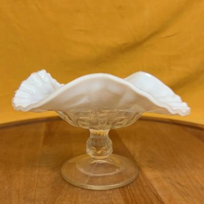 Opalescent white coin dot pressed glass ruffled compote with clear stem.l