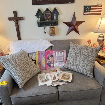 Sale Photo Thumbnail #51: Beautiful like new gray couch, vintage Barbie paper dolls!