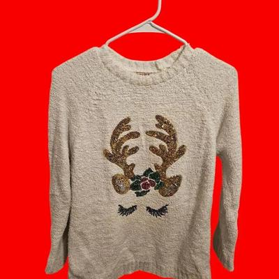 Fluffy White Sweater with Sequin Reindeer Face