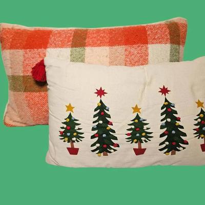 Set of Two Holiday Throw Pillows (Embroidered Trees and Plaid Check)