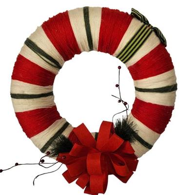 Candy Cane Striped Yarn-Wrapped Christmas Wreath with Red Bow