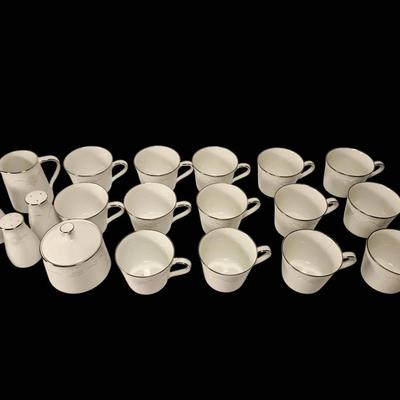 Vintage White China Serving Pieces and Cups with Platinum/Silver Trim