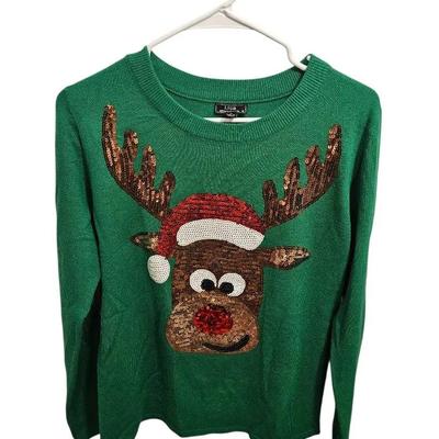 Green Sequin Reindeer Christmas Sweater