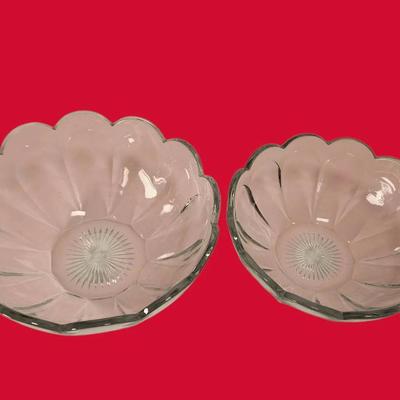 Set of Two Scalloped Clear Pressed Glass Flower-Shaped Bowls