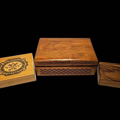 Three Assorted Wooden Decorative Boxes (Carved, Pyrography, and Plain)
