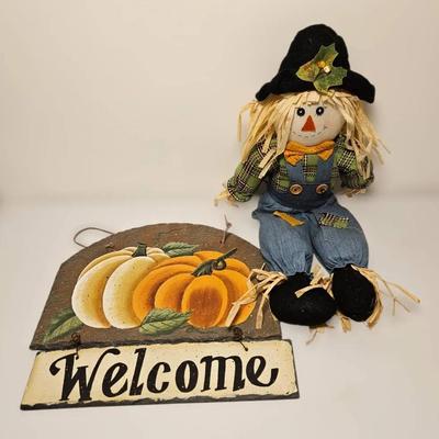Scarecrow Doll and Wooden Pumpkin Welcome Sign 