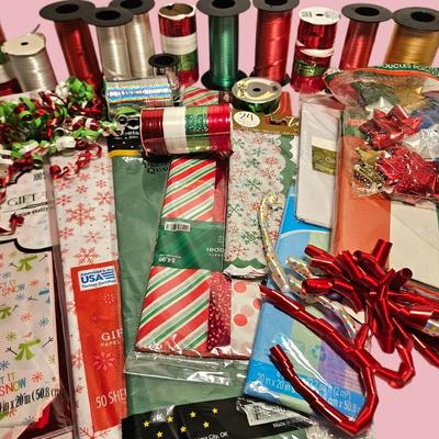 Bulk Lot of Christmas Gift Wrap and Ribbon Supplies