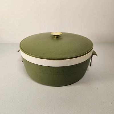Vintage Mid-Century Modern Avocado Green Enameled Casserole Dish with Gold Knob
