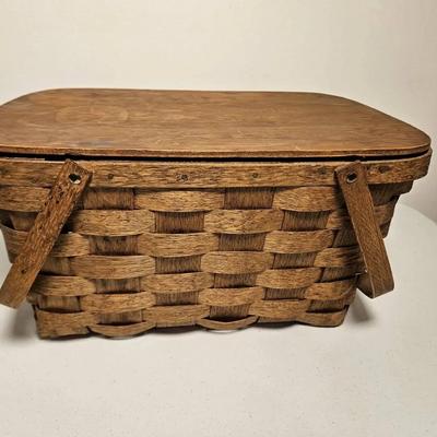Vintage Woven Wood Picnic Basket with Flat Wooden Lid and Loop Handles