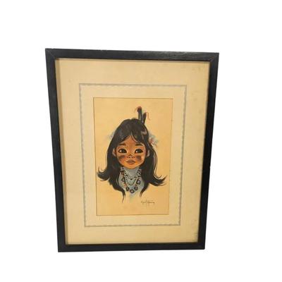 Framed Vintage Watercolor Portrait of a Young Native American Girl by P. N. Young