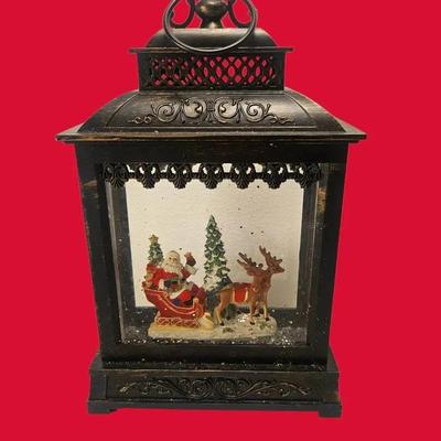 Vintage-Style Holiday Snow Globe Lantern with Santa and Reindeer Scene