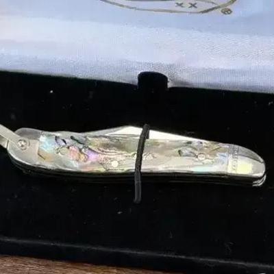 Case XX Abalone Peanut – Item 12004 – 8220RGC SS – Gold Script Shield – With Box