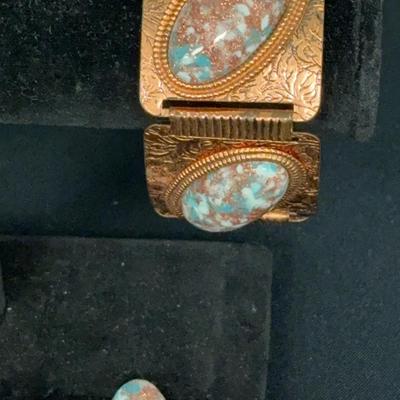 Vintage  Copper Blue Confetti Cabochon Bracelet 