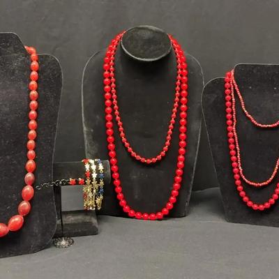 Red Beaded  Necklaces  and Star Design  Bracelet  and Earrings 