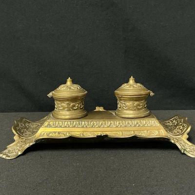 Vintage Ornate Brass Double Inkwell 