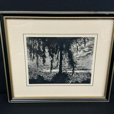 Framed Landscape Drawing In Ink