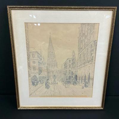 Framed Busy European City Scene In Ink