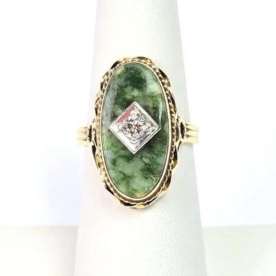 14K Gold Nephrite & Diamond Ring - Size 5.5