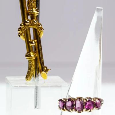 Vintage 9K Gold Brooch & Pink Sapphire Ring - 5.25