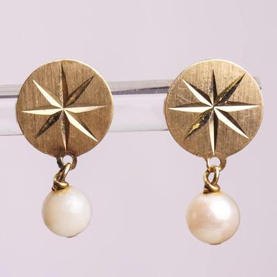 14K Gold Starburst Pearl Drop Earrings  - 5/8" Long