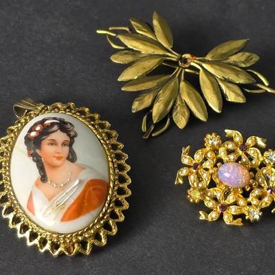 Vintage Brooches: Hand Painted Limoges Portrait, Faux Opal & Seed Pearl, Gold Tone Leaf