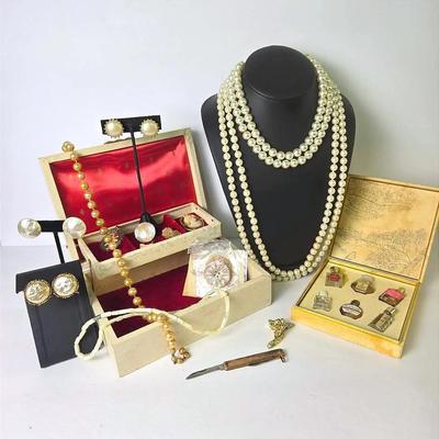 Vintage Costume Jewelry: Pell & Faux Pearl Earrings, Cameo, More